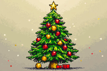 Retro Pixel Christmas Tree Festive Ornaments and Star in Simple Colorful Pixel Art Style