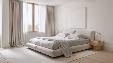 A minimal and essential Scandinavian bedroom interior design featuring a neutral palette of grey and beige tones. The room is bathed in soft, natural light streaming through large windows