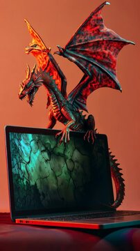 Fearsome two-headed dragon rising from the cracked screen of a laptop