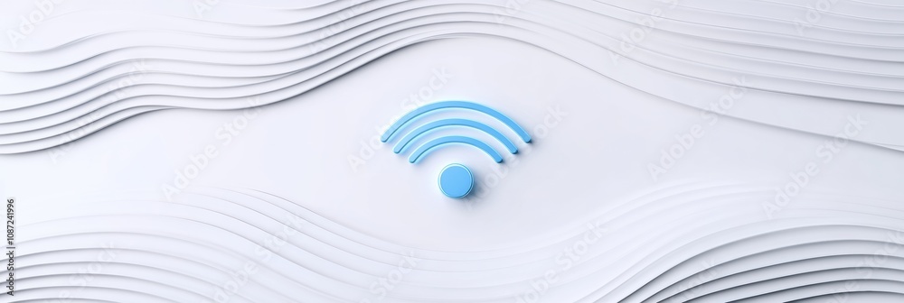 Poster a blue wi-fi symbol prominently placed on a white textured background, representing wireless connect