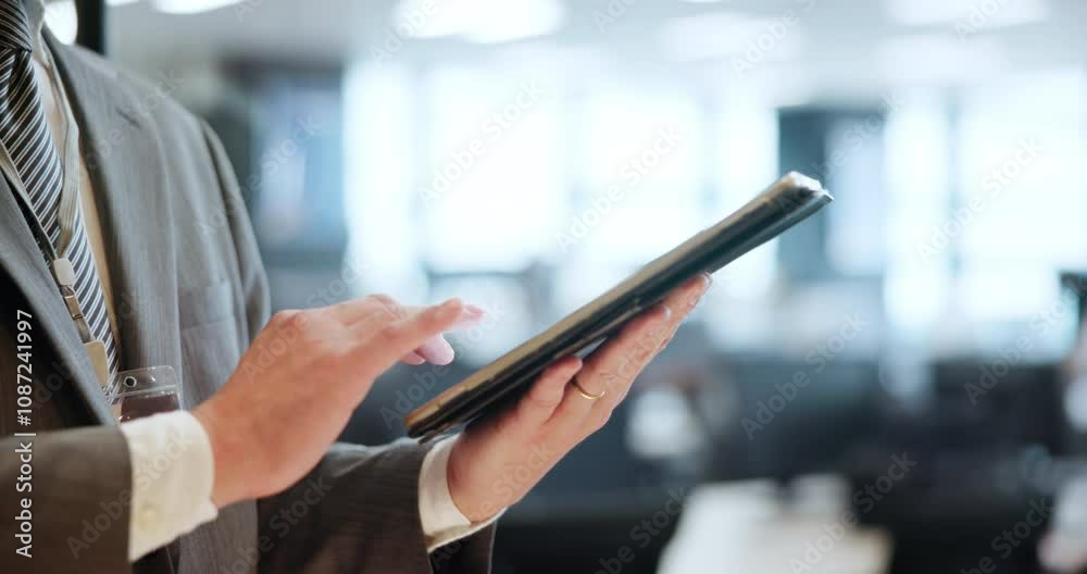 Poster Hands, businessman and tablet for scroll, news and app in office for communication or networking. Male person, technology and connection for online, website and pr in corporate as community manager