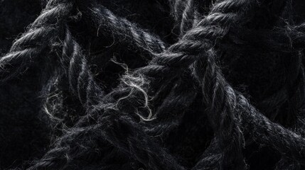 Fototapeta premium Close-up of a fraying rope, its fibers splitting and curling, representing vulnerability on a black canvas.