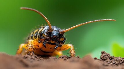 A brightly colored caterpillar is captured exploring an earthy path, its striking colors and patterns in stark contrast to the soft, blurred greenery in the background.