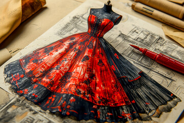 The fashion artist crafts stylish women's dresses through intricate sketches and fabric manipulation