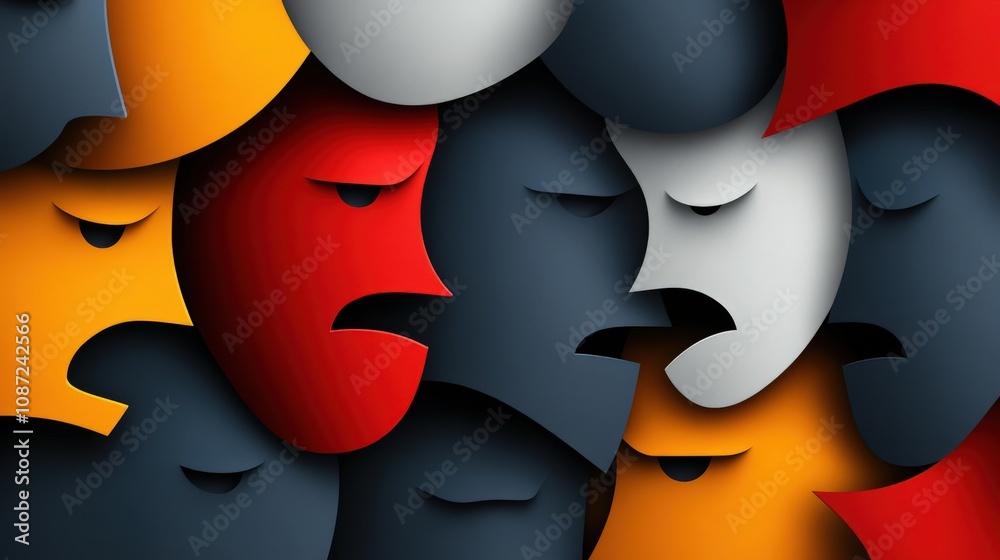 Poster abstract composition of human faces in various colors expressing emotions of anger, sadness, and con