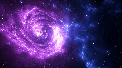A vibrant purple spiral galaxy against a backdrop of deep space stars and cosmic clouds