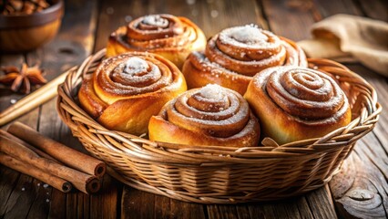 Sweet Cinnamon Rolls in a Wicker Basket on a Rustic Wooden Table