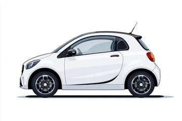 A side view of a compact white car, emphasizing its sleek design.