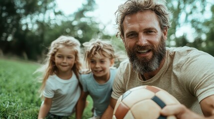 A bearded father enjoys time outdoors with his two kids, playing soccer on the lush green grass, fostering family bonding and happiness in a natural setting.