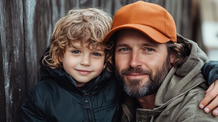 A father and son pose together, showcasing their close bond and joyful expression in casual attire, reflecting familial love and shared moments in life.