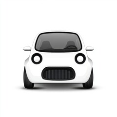 A minimalist illustration of a small white car with a friendly design.