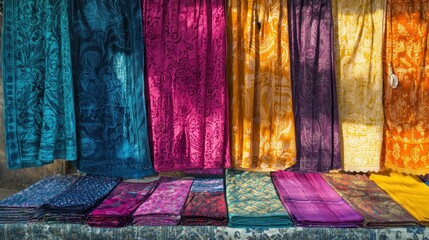 A vibrant display of dyed fabrics at a local market showcases the rich cultural heritage and craftsmanship of traditional dyeing techniques