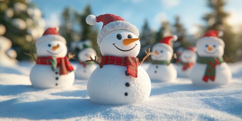 Fototapeta premium In a delightful and picturesque winter scene, numerous cheerful snowmen adorn vibrant festive hats and scarves, all set against a serene snowy landscape that basks under a bright blue sky