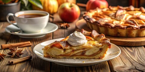 A Slice of Warm Apple Pie with Whipped Cream, Served on a Rustic Wooden Table with a Cup of Tea and Cinnamon Sticks