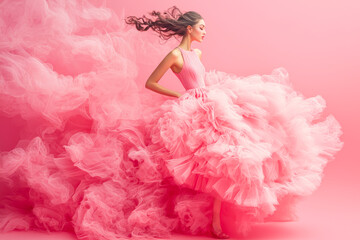Vibrant young woman in stylish pink attire dashes across a soft pink backdrop