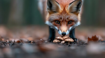 A fox with sharp focus and attentive gaze inspects a cluster of wild mushrooms on the forest floor, against a backdrop of soft, earthy woodland, embodying curiosity.