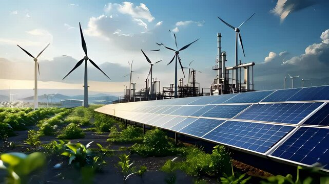 Array of solar panels and wind turbines in lush green fields under a bright sky, showcasing renewable energy sources.