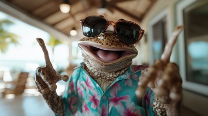 An animated frog in bold sunglasses displays a vibrant floral shirt while gesturing energetically, exuding a lively and engaging personality in a casual setting.