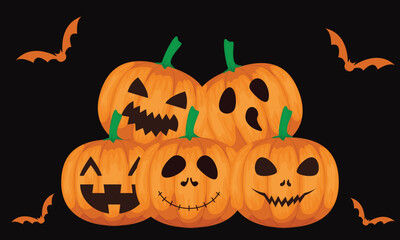 A group of five lit spooky Halloween pumpkins, and black background 
