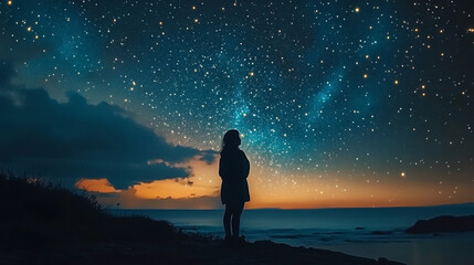 Fototapeta premium A solitary figure gazes at a starry sky over the ocean during twilight by a serene coastline
