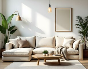 A modern living room with a large beige sofa, wooden coffee table, and hanging light fixture.