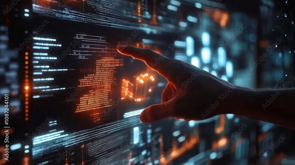 Poster a human hand interacts with a glowing digital display showcasing advanced technology and intricate d
