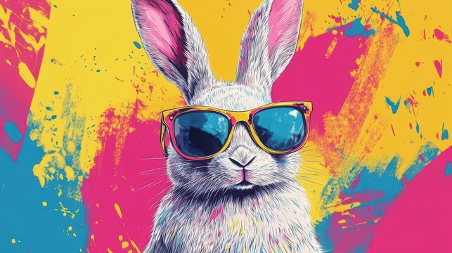 a stylish bunny wearing sunglasses poses playfully against a bright, colorful backdrop, merging whimsy and fashion in a fun, eye-catching illustration