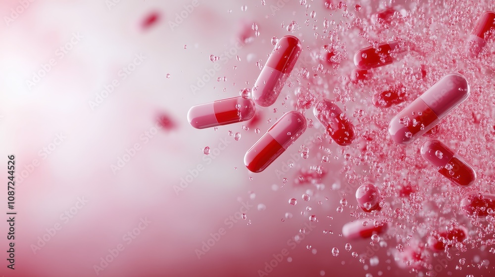 Fototapete red capsules suspended in space burst with sparkle and motion, forming an abstract pattern that capt