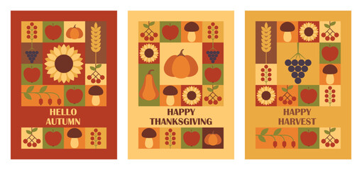 Set of Thanksgiving Day, Harvest Festival and Hello Autumn vertical greeting cards with modern abstract geometric pattern. Vector illustration