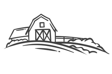 Farm barn with fence in rural landscape line icon. Outline hand drawn farmhouse, stable with barnyard in front. Farmland, countryside mascot, farm ranch on grass field icon vector illustration © Victoria Sergeeva
