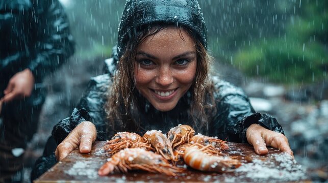 A young woman holds a platter of prawns in the rain, capturing the spirit of determination and joy while cooking outdoors amidst nature's challenges.