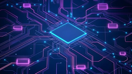 Circuit Board Glow: Abstract close-up of a vibrant, glowing circuit board, showcasing intricate pathways and a central processor. The image evokes a sense of technological innovation and complexity.