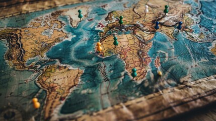 A vintage world map with colorful pins marking various locations.