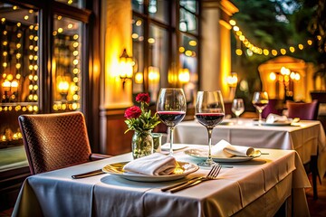 Elegant Restaurant Table Setting with Long Exposure, White Tablecloth, Wine Glasses, Plates, Cutlery, and Menu for Fine Dining Experience
