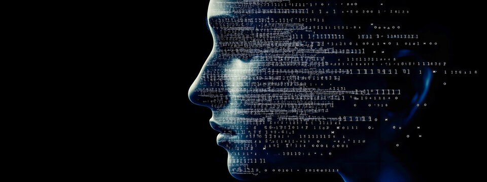 Profil humain sur fond noir avec de la data qui traverse son visage
