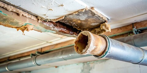 A corroded pipe leaks causing water damage to the ceiling, highlighting the need for prompt plumbing maintenance