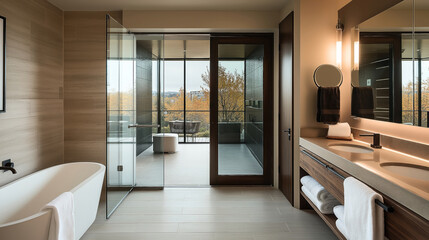 Modern bathroom interior with freestanding bathtub, double vanity, glass doors leading to a terrace with outdoor seating, and view of trees in autumn colors through large windows.