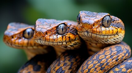 Three snakes closely positioned, showcasing their unique scales and textures