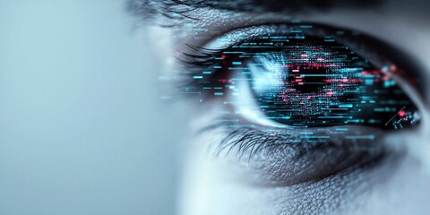 Concept of human bias in artificial intelligence. A close-up of an eye with a digital, glitch-like overlay, symbolizing the fusion of technology and human perception