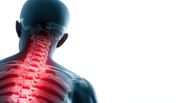 A detailed illustration depicting a human neck and upper back, highlighting the cervical spine in a glowing overlay, symbolizing neck pain or spinal issues common in humans.