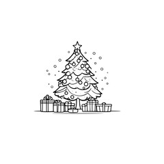 Fototapeta premium A line drawing of a Christmas tree with presents underneath SVG illustration art 