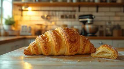 Freshly baked croissant with flaky layers, a piece crumbling beside it, against a cozy kitchen backdrop