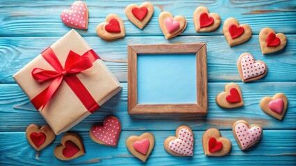 Obraz premium A Romantic Tabletop Scene with a Gift Box, a Frame, and Heart-Shaped Cookies on a Blue Wooden Background