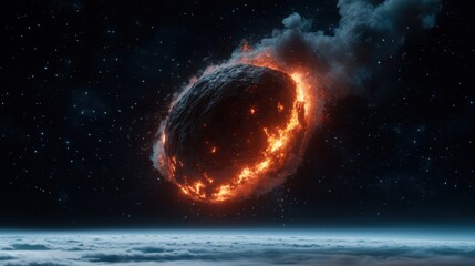 Obraz premium A fiery meteor hurtles through the vastness of outer space against a backdrop of stars, depicting an intense and captivating cosmic event with dynamic energy.