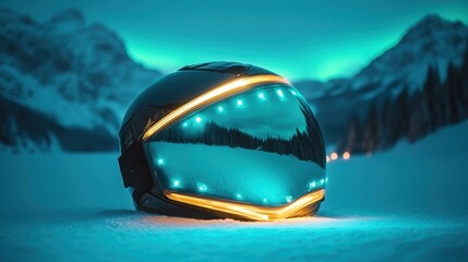 A sleek, advanced helmet rests on snow, its vibrant blue lights matching the icy hues of the surrounding snowy mountains, creating a modern and adventurous scene.