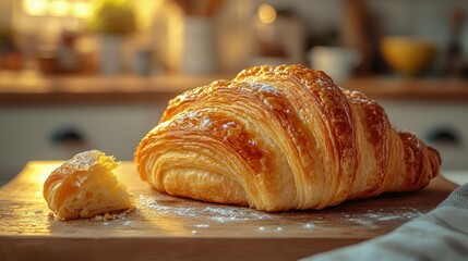 Freshly baked croissant with flaky layers, a piece crumbling beside it, against a cozy kitchen backdrop