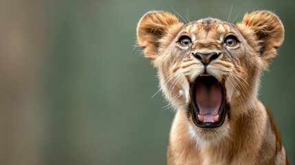 A young lion roaring energetically in a close-up shot, expressing youthful vigor and the raw intensity of life in the animal kingdom.