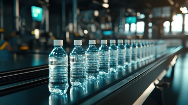 A perfectly aligned series of white plastic bottles on a conveyor belt under industrial lighting, symbolizing efficiency in production.