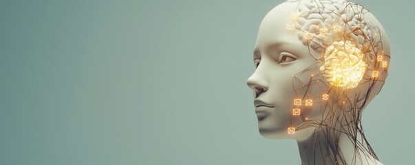 Concept of human bias in artificial intelligence. A futuristic representation of a human head with a digital brain, symbolizing the intersection of technology and intelligence