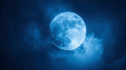 The full moon surrounded by a halo of mist, set against a deep blue night sky.